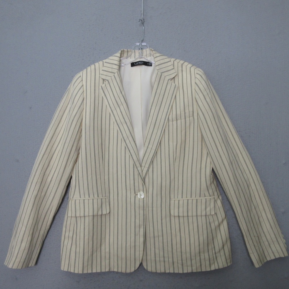 Lauren Ralph Lauren Blazer 14 Linen Blend Stripe Preppy Old Money Neutral READ